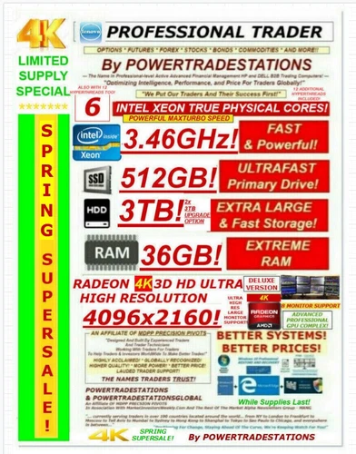 8-MONITOR TRADING COMPUTER 4K! XEON 3.46GHz! 512GBSSD! 3TBHDD DVDRW W10P DESKTOP