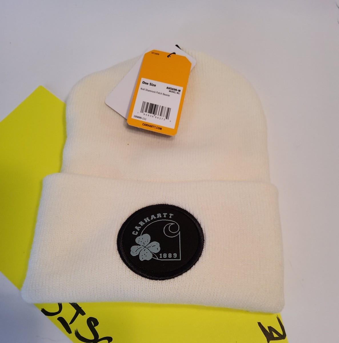 Carhartt Knit Shamrock Patch Beanie Hat Winter White Patch Logo