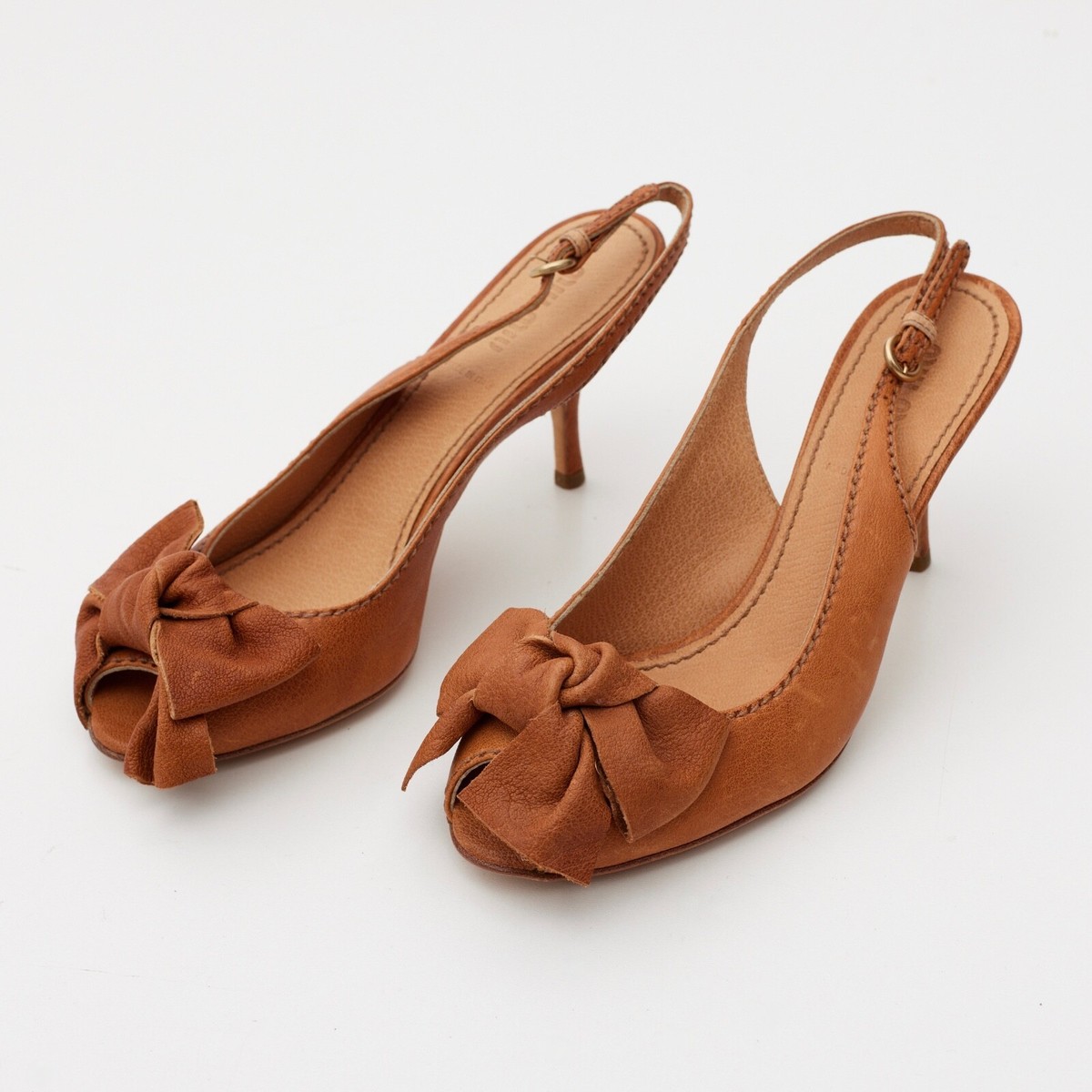 靴 Vintage Miu Miu Gold Bow Slingback Heels Miu Miu Brown Leather Slingback Bow Kitten Open Toe Heels