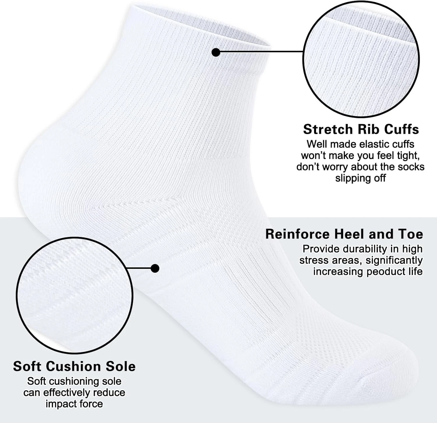 5 Pairs Mens White Cotton Cushioned Ankle Socks Breathable Quarter Medium-Large
