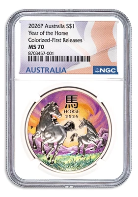2026 Australia Lunar Horse 1 oz Silver Colorized Coin Melbourne Expo NGC MS70 FR - Image 1 of 2