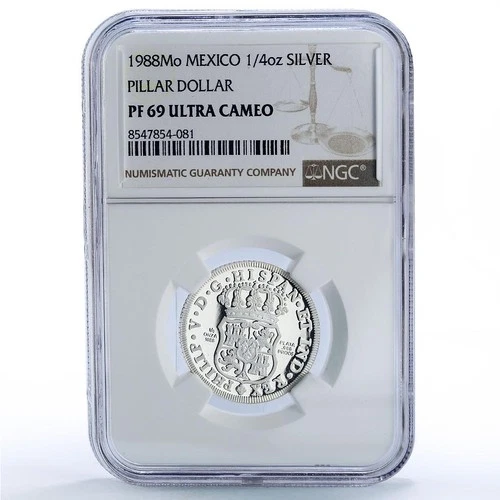 Mexico Pillar Dollar 8 Reales 1732 Restrike 1/4 oz PF 69 NGC silver medal 1988