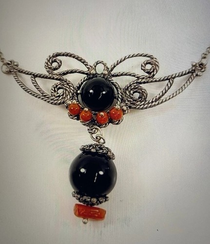 Collier Chaîne Argent Massif 925 – Maille Art Nouveau – Décor Onyx – Occasion