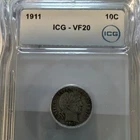 1911 Barber Dime ICG VF20 Silver 10C Philadelphia KM#114