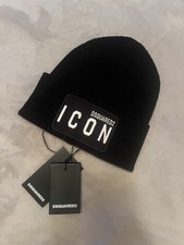 Dsquared2 Men's Beanie Hat Black 100 Wool Icon Logo One Size NWT Italy Made