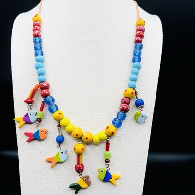Colorful Fish Necklace Beaded Dangle Charms Whimsical Statement Boho Coastal POP