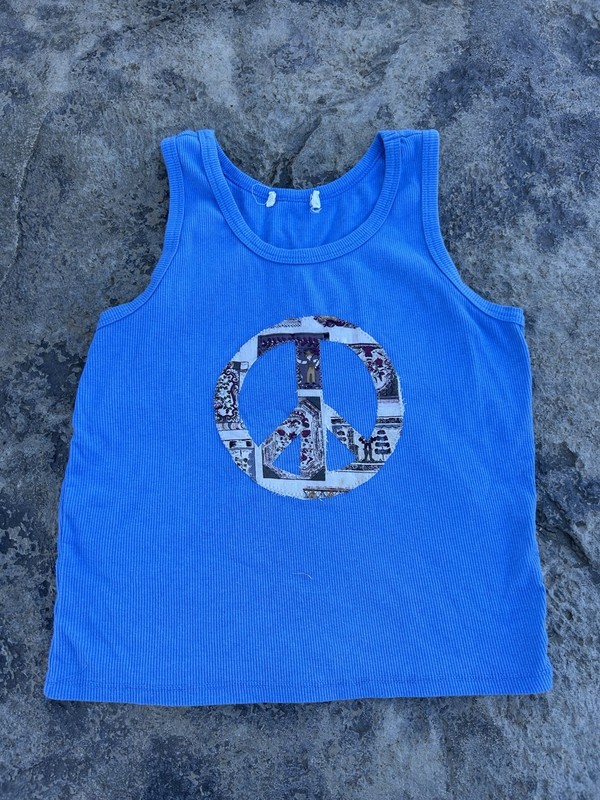 Women’s Large blue upcycled peace sign patchwork tank top handmade boho