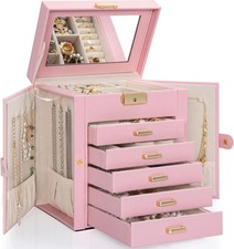 TORIBIO Large Jewelry Box for Women, Leather 6 Layer, Light Pink