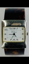 Vintage Eikon Gold Rectangular Square Faux Tortoise Shell Hinge Cuff Watch Women
