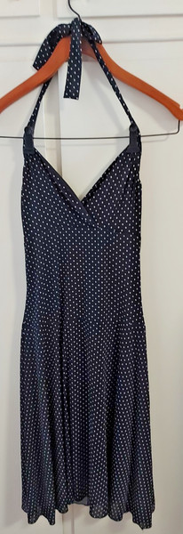 💙 Navy Blue White Polka Dot Dress Sleeveless Halter Neck Shift Mini Dress AU 8