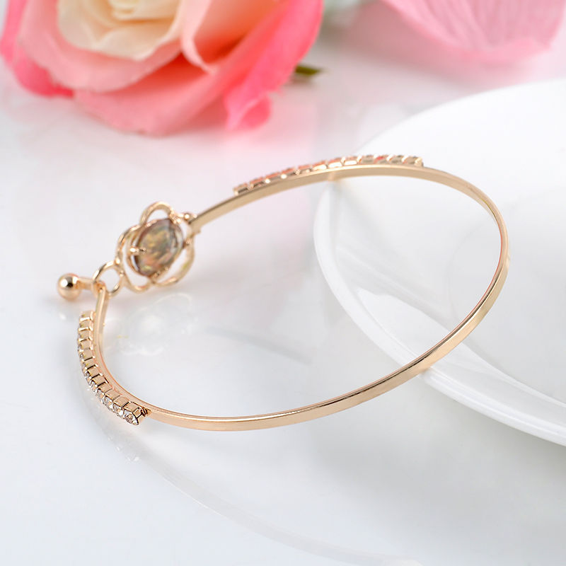 Elegant Women's Crystal Rose Flower Bangle Cuff Bracelet Jewelry Gold