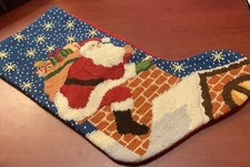Needlepoint Stocking Santa Claus Going Down Chimney Snow/Presents Red Back NICE 