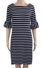 TALBOTS NWT $109 Navy Blue Striped Short Sleeve Boat Neck Mini Shift Dress XS