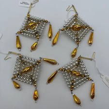 Vintage Czech Republic Beaded Christmas Dangle Ornament Glass Gold Silver