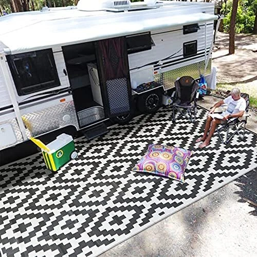 Reversible Mat Outdoor RV Trailer Camping Patio White Black