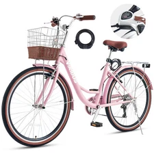 VIRIBUS 26'' 7-Speed Beach Cruiser Comfort Bike  for Women City Bicycle w Basket