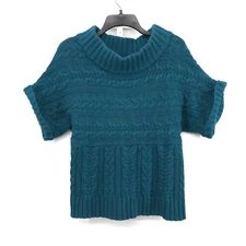 Express Sweater Womens Size M Teal Blue Short Sleeve Cowl Neck Cable Knit Top