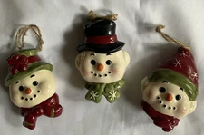Snowman Head Christmas Ornament Ceramic  4" Holiday Decor Cute Set
