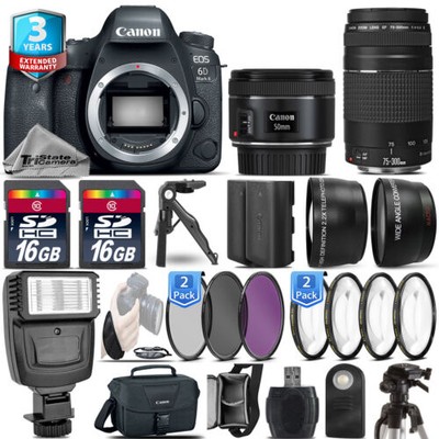 Canon EOS 6D Mark II Camera + 50mm + 75-300 + EXT BAT - 32GB Kit  + 3yr Warranty