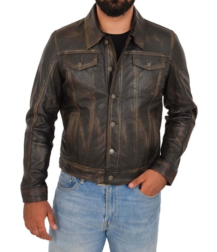 Mens Trucker Leather Jacket Vintage Rub 
