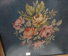 Vintage Floral Garden Needlepoint Picture Wooden Frame. 16 3/4"