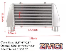 2.5" inlet/outlet UNIVERSAL Overall Size 19"x10.6"x3.2" TOP MOUNT INTERCOOLER