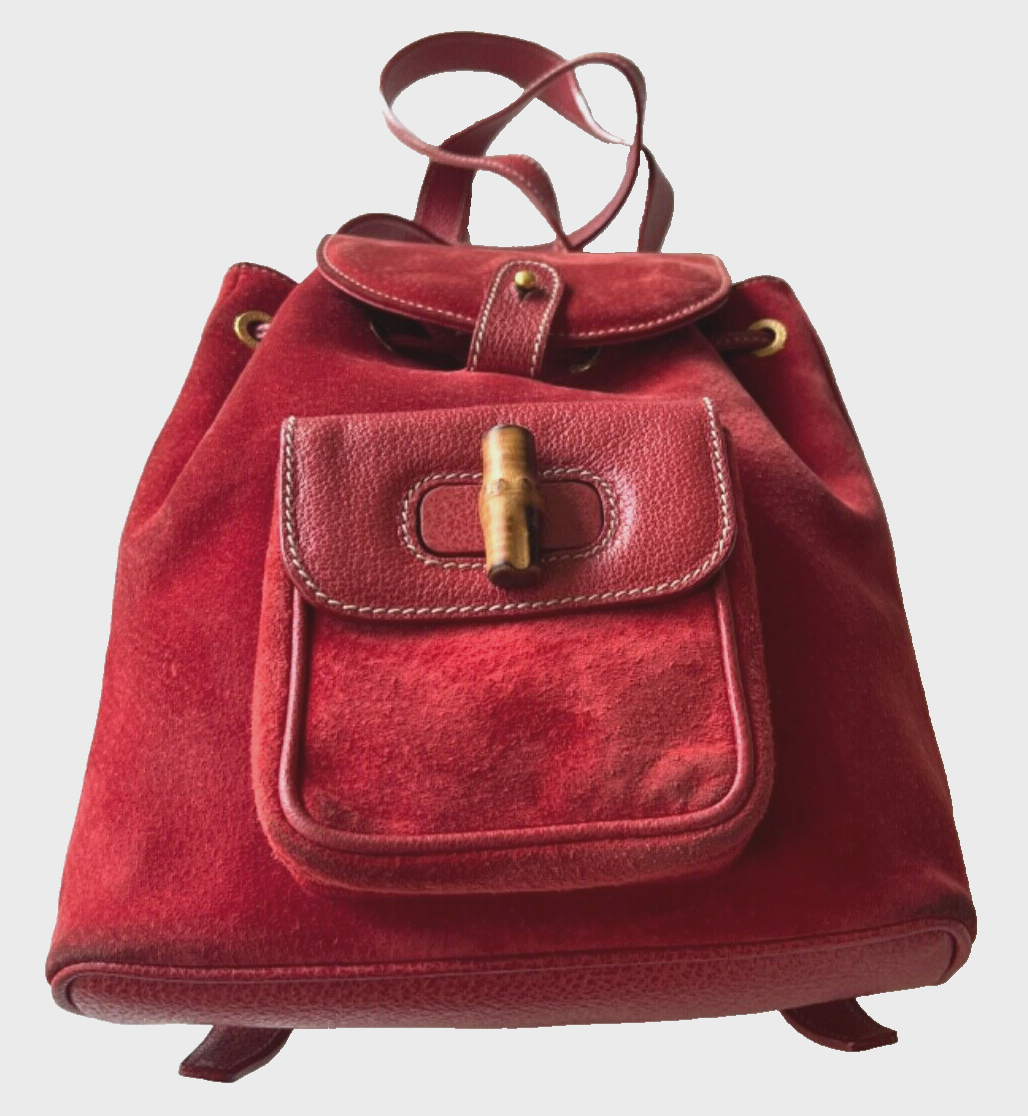 Gucci Bamboo Backpack Mini Shoulder Bag Red Suede Leather Gold