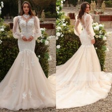 Luxury Mermaid Wedding Dresses High Neck Puff Sleeved Lace Applique Bridal Gown
