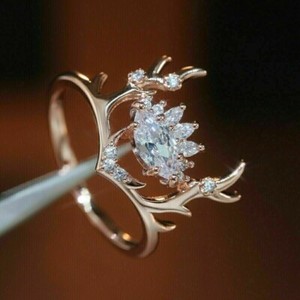 Authentic 2Ct Marquise Simulated Diamond Deer Antler Wedding Ring 14K Yellow Gold Plated