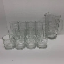 Anchor Hocking Clear Tartan Plaid 50oz Pitcher 4 Hi, 4 Lo Ball 4 Juice Glass Set