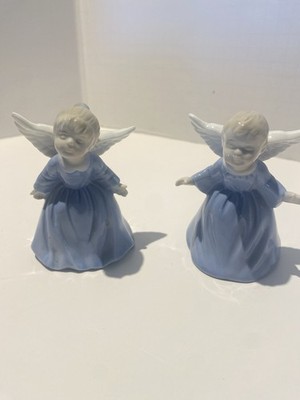 Christmas Kissing Angel Bells Girl & Boy Porcelain Figurines Marked LR 4'' Tall