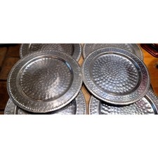 Silver Metal Charger Plates Set of 6 Hammered Center Beaded Rim 13 Inch Round