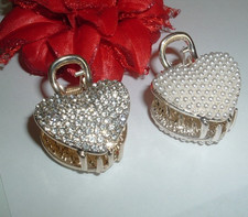 Pair of White Rhinestone and White Pearl Heart Hair Claw Clips NWT
