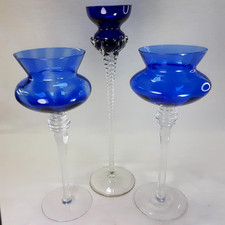 Cobalt Blue Clear Stem Votive Tea Light Candle Holders Lot Set of 3 Vintage