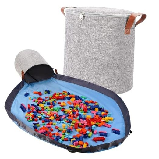XXL Gray Toy Storage Organizer with Play Mat 15x15x16 Round Bin