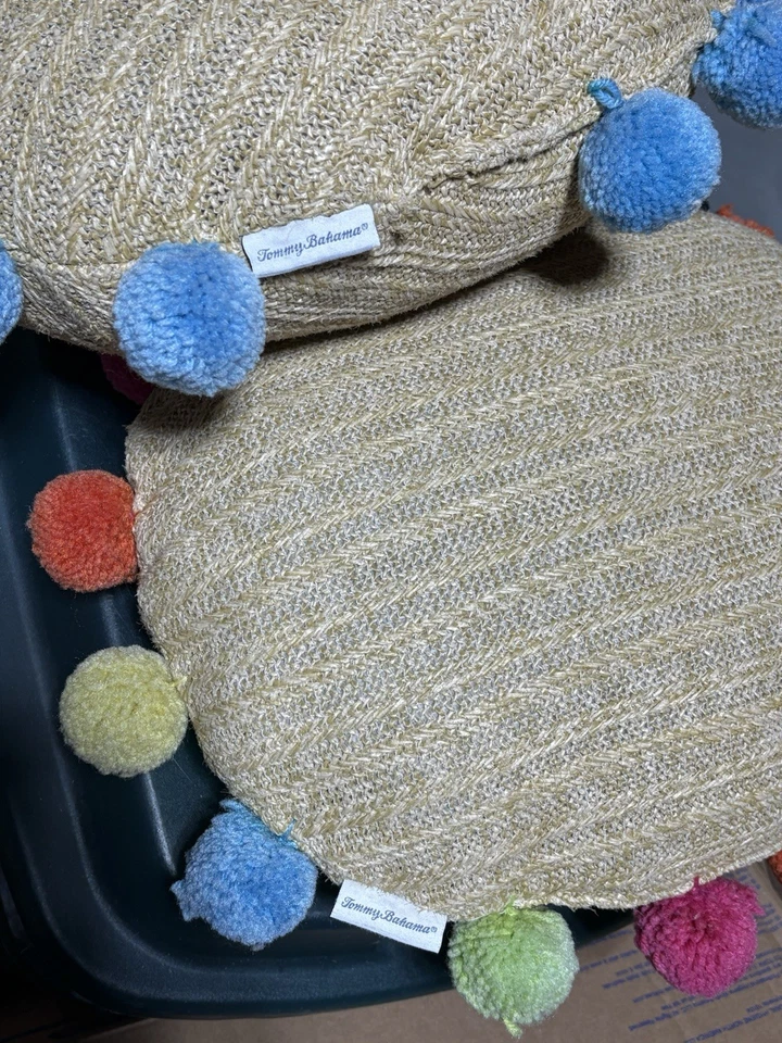 TOMMY BAHAMA Indoor Outdoor Straw Rattan Round Pillows Colorful Poms 18x18 - Image 2 of 3