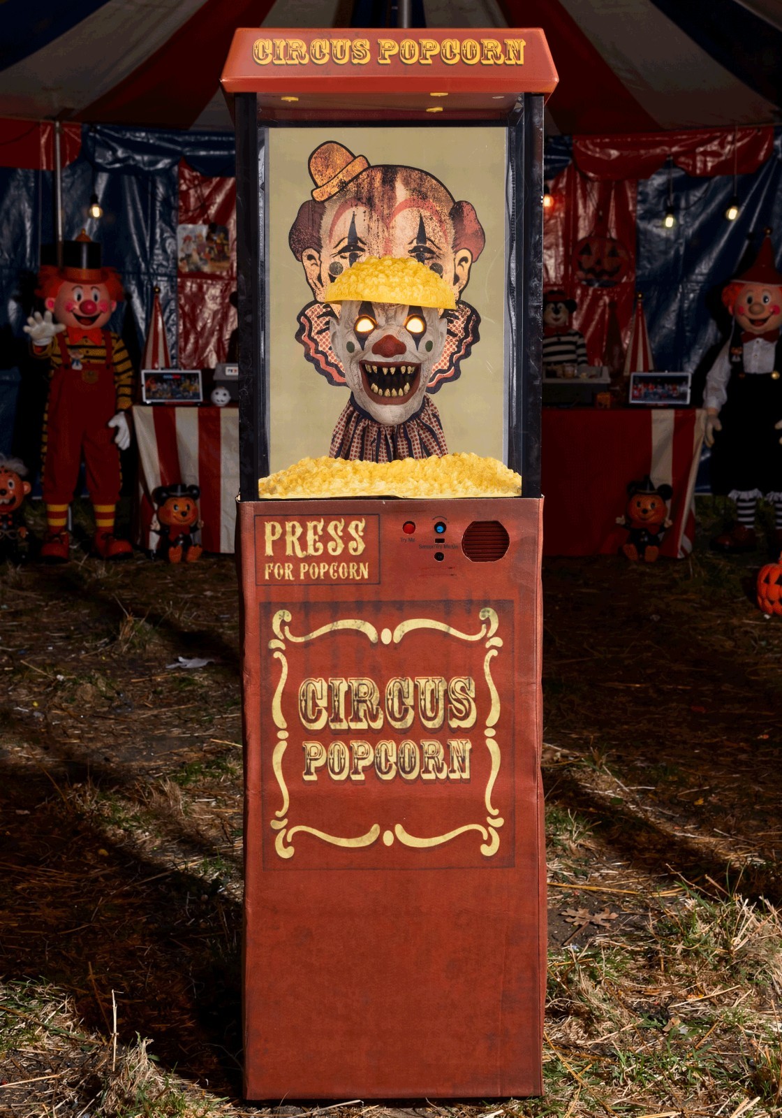 5.7 FT ANIMATED HAUNTED CIRCUS POPCORN CLOWN HALLOWEEN ANIMATRONIC PROP