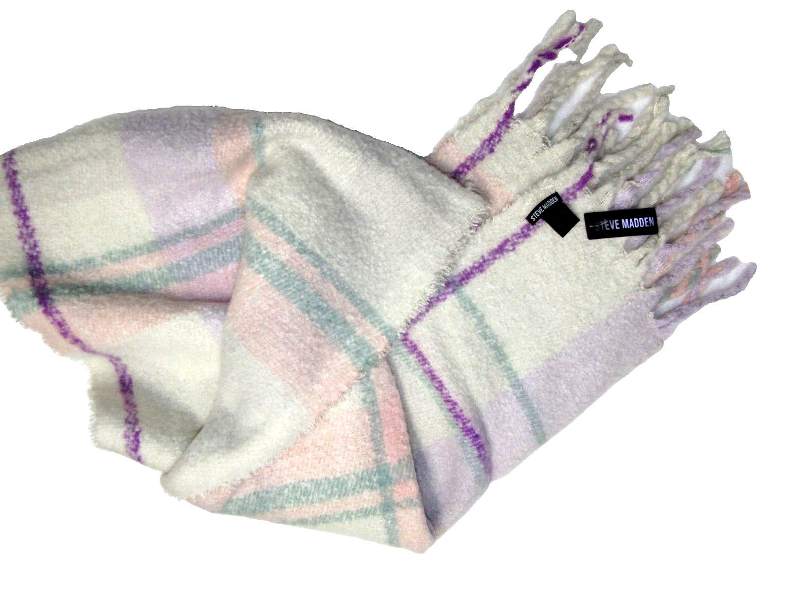 Steve Madden Уютное теплое одеяло в клетку цвета слоновой кости/розовое одеяло-шарф с бахромой для женщин OS