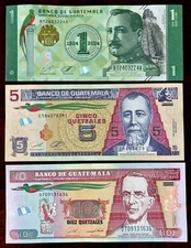 Lot of 3 GUATEMALA 1, 5, 10 Quetzales 2022-24 UNC World Paper Foreign Currency