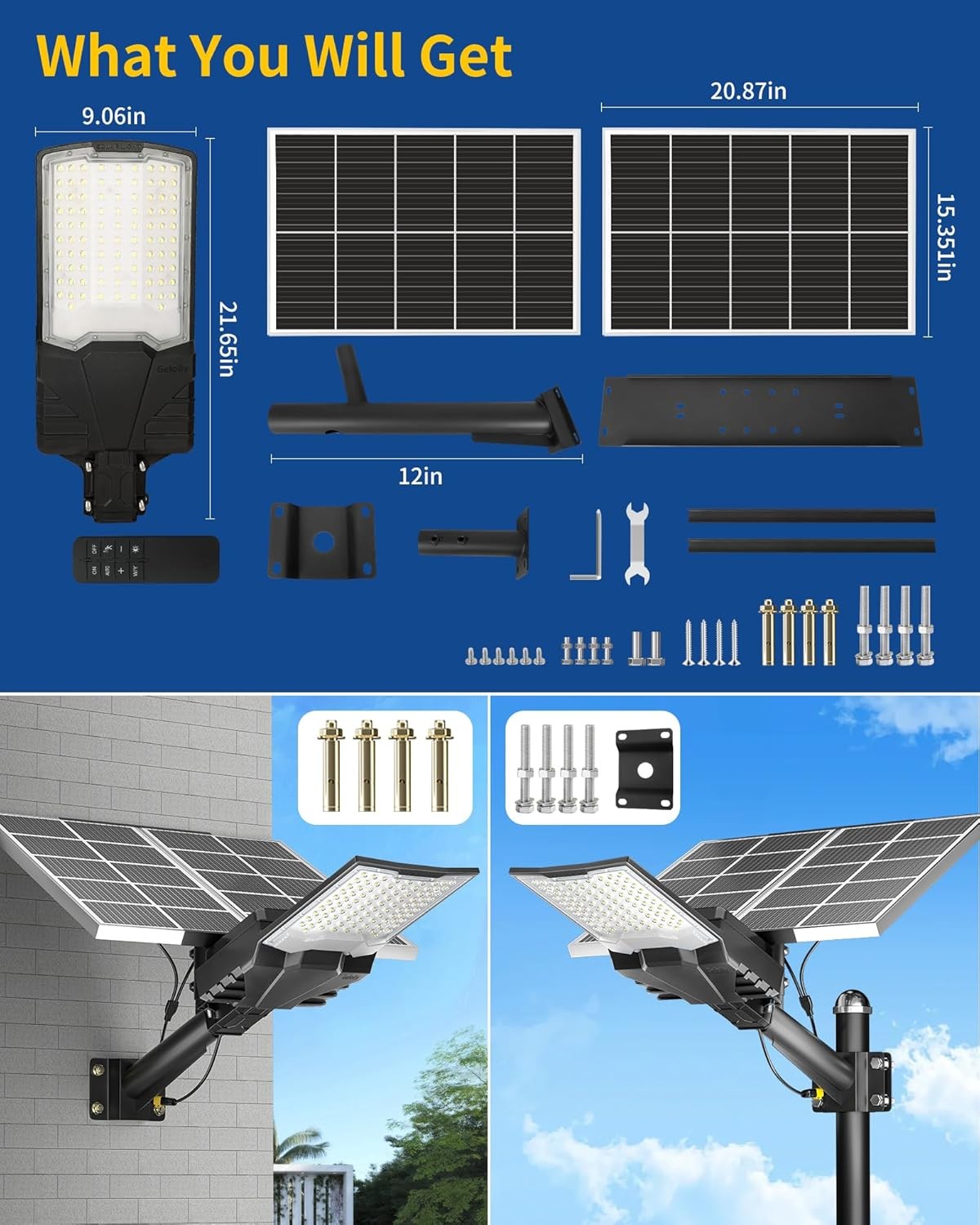 Gefolly SL-18000W Solar Street Lights Outdoor, Commercial Parking Lot Black 