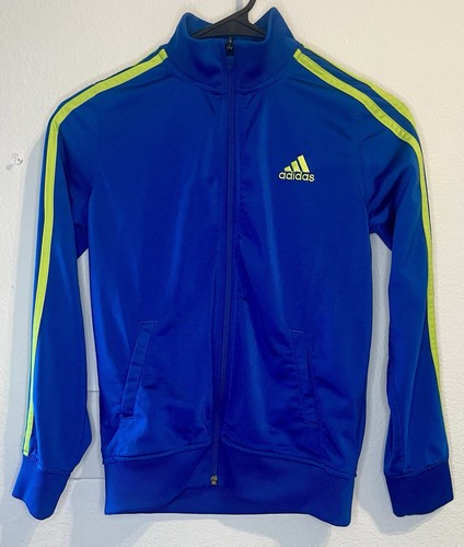 ADIDAS Youth Track Jacket Blue With Green Stripes Size Small 8 Full Zip - Picture 2 of 4