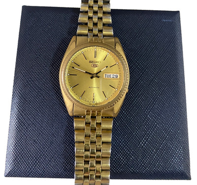 Vintage Seiko 5 Automatic Gold Dial Stainless Steel Gents Watch SNXJ94