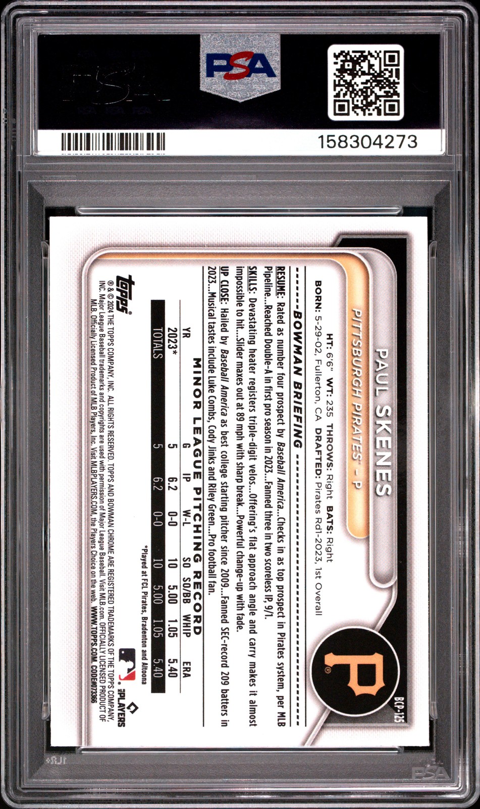 2024 BOWMAN MEGA BOX CHROME PROSPECTS #125 PAUL SKENES 150/299 PSA 8 view 2