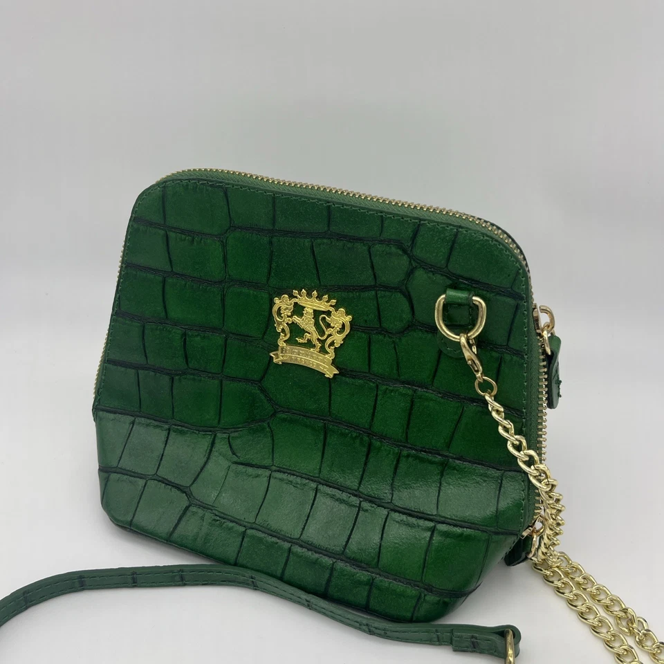 Pratesi Firenze Emerald Green Croc Italian Leather Gold Chain Crossbody Handbag