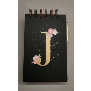 Spiral Bound Lined Floral Note Pad w/ Pen, Black Cover Gold Monogram J