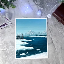 8x10 ORIGINAL Painting Peaceful Snowy Mountain Lake, Signed Calmly Create