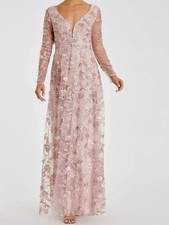Mac Duggal Pink Floral Applique Long Sleeve Illusion Gown NWT Size 8