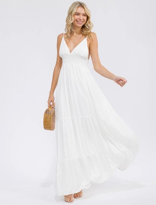 #ad White Sleeveless Maxi Dress Size Medium Tiered Smocked Waist $29.95