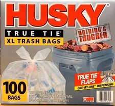 New Husky True Tie XL Clear Trash Bags - 45 Gallon, 100 ct Heavy Duty Trash Bags