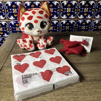 3 Pc Valentines Lot:  Cat Stuffed Animal, 30 Vinterfint Heart Napkins & Hearts